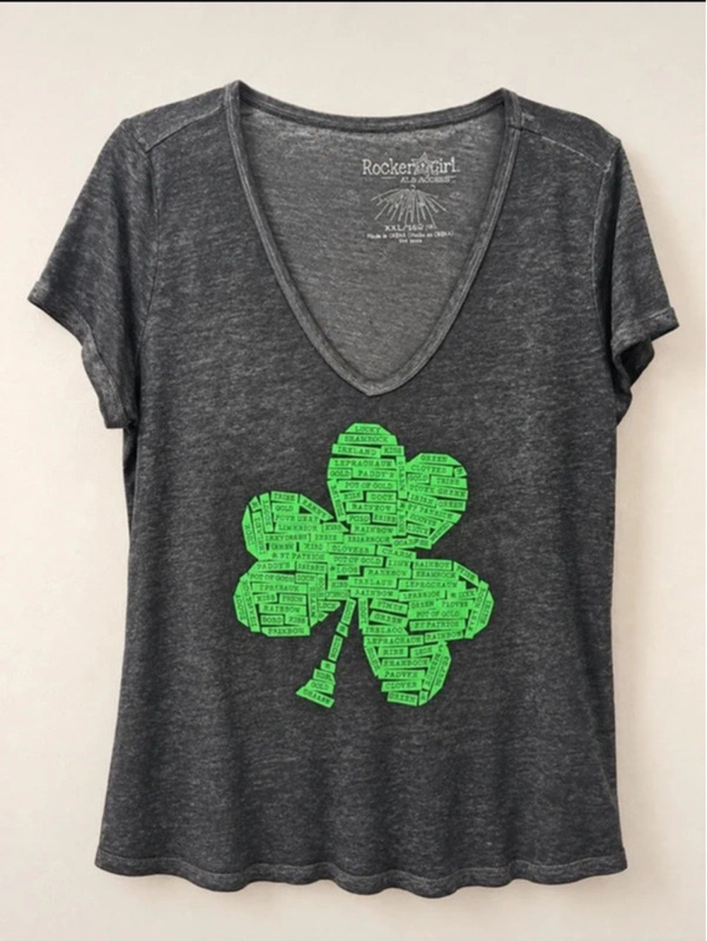Rocker Girl Gray Green Shamrock V-Neck T-Shirt XXL